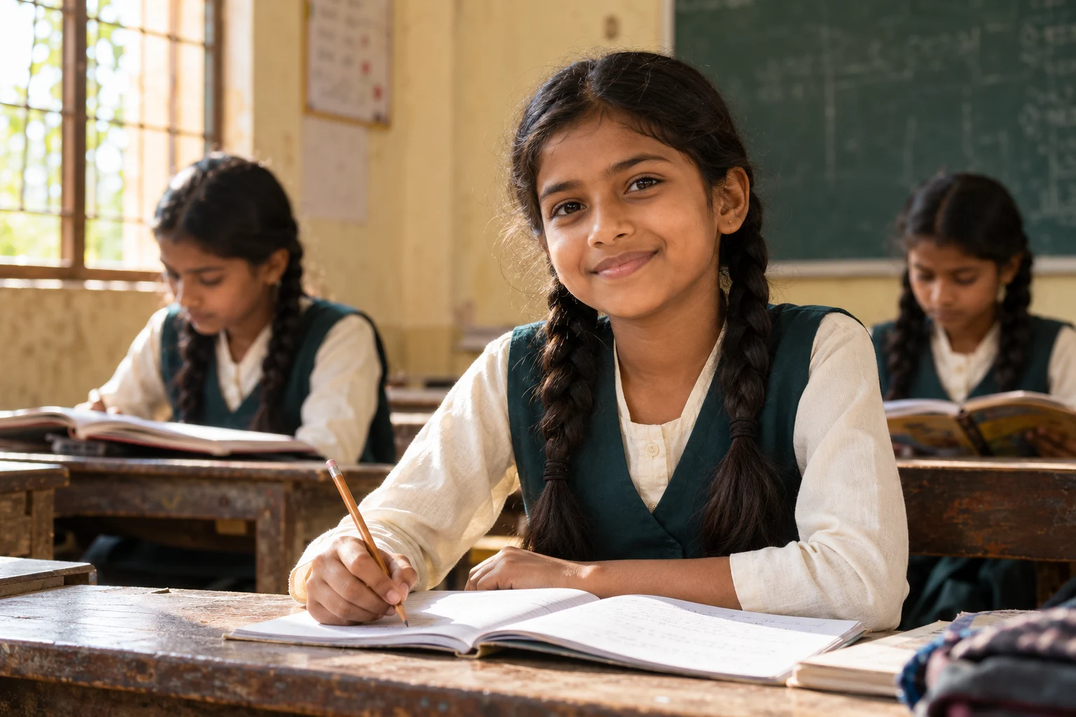 कक्षा में अपनी किताब के साथ बैठी छात्रा