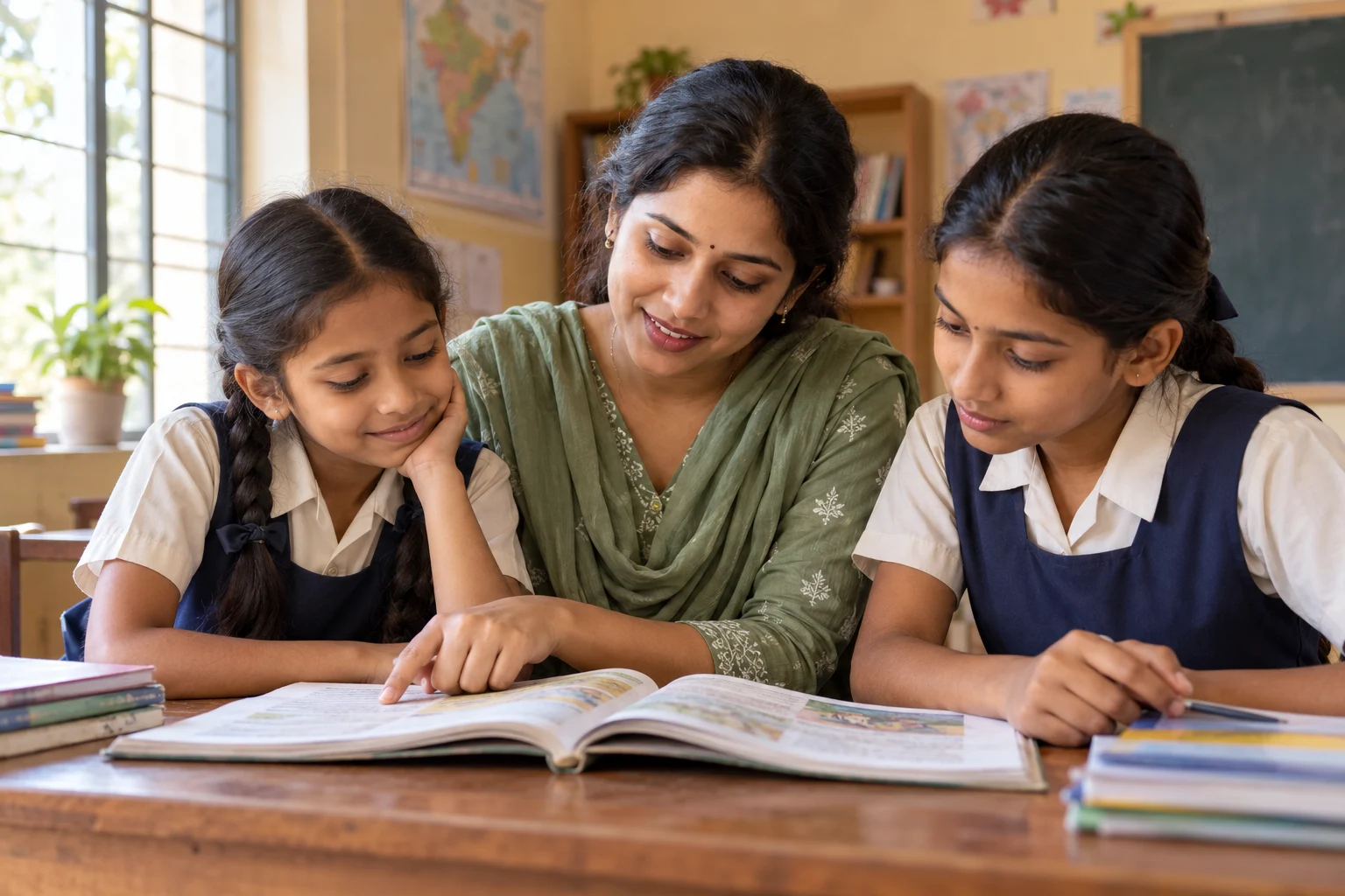 शिक्षिका के साथ पढ़ाई करती दो बालिकाएँ